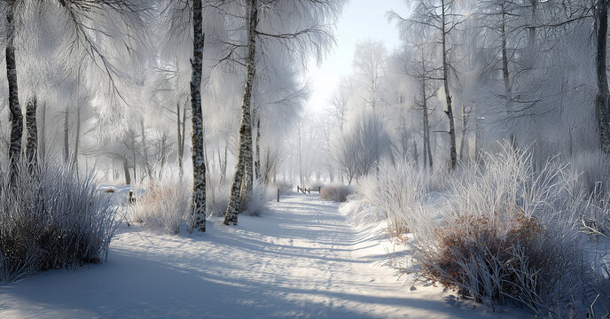 Winter Scene, with snow, trees and wilderness. Forest at christmas