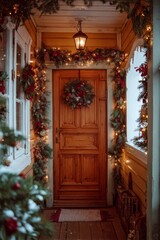 A Festively Decorated Entrance with Holiday Wreath and Twinkling Lights Welcoming the Season of Joy and Celebration in Cozy Surroundings