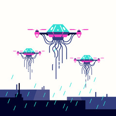 Futuristic Drones Hovering Over Cityscape in Rainy Weather.