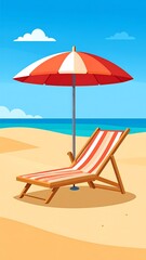 Cartoon beach scene with umbrella, chair, blue sea, and sandy shore