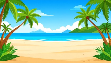 Cartoon beach scene with palms, sand, water, and blue sky