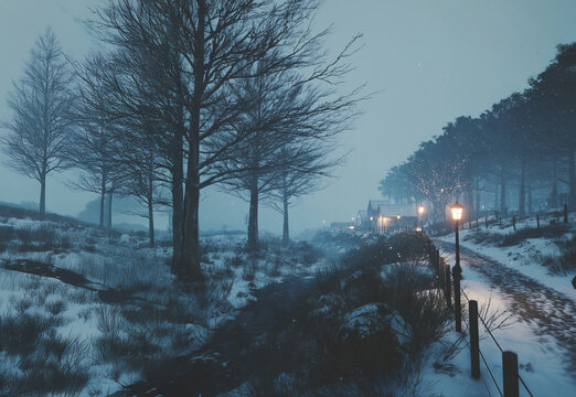 Winter Scene, with snow, trees and wilderness. Forest at christmas