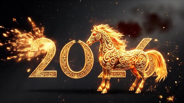 A festive celebratory fiery horse animation welcomes China's Chinese New Year 2026. The golden text number 2026 shines, celebrating the happy upcoming lunar calendar zodiac sign