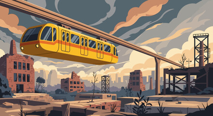 Futuristic Yellow Monorail Train Transporting Passengers Above the City.