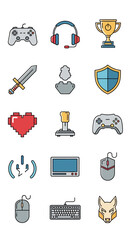 Gaming Icons Set - Controller, Headset, Trophy, Sword, Shield, Heart, Joystick, Mouse, Keyboard.