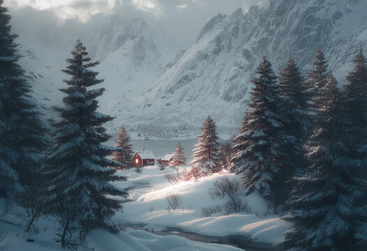 Winter Scene, with snow, trees and wilderness. Forest at christmas