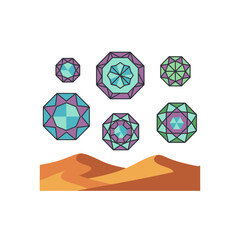 Geometric Jewels Above Desert Dunes, Colorful Octagonal Gems, Abstract Landscape.