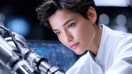 Female scientist in white lab coat analyzing advanced technological equipment, focusing intently on research within cutting edge laboratory environment