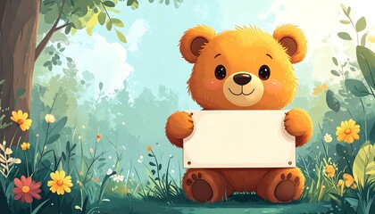 Cartoon bear holding blank sign in sunny forest