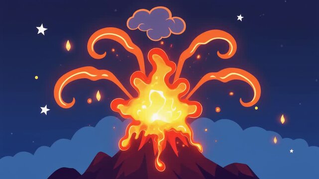Stylized Cartoon Volcano Eruption at Night with Stars and Lava