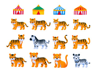 Obraz premium Cute tiger and zebra cartoon animals with colorful circus tents, playful and cheerful, isolated on transparency background, perfect for children, education, and fun design projects