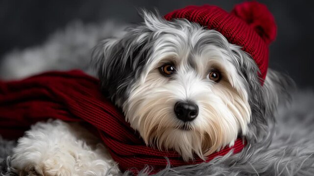 Adorable puppy with gray and white fur wears a red winter hat and matching scarf while lying on a soft gray rug, showcasing various cute expressions, Adorable puppy 
