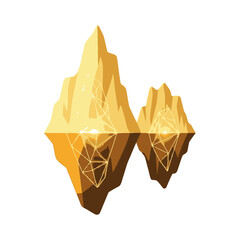 Golden Floating Islands with Geometric Details, Fantasy Landscape, Isolated on White.