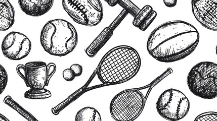 A creative arrangement of doodle style sports icons showcases tennis rackets, exercise dumbbells, and various balls along with a trophy. Perfect for sports enthusiasts and artists alike