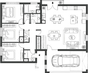 Single-story house floor plan, black and white vector, garage, bedrooms, bathrooms, kitchen, living room, dining area, furniture layout, architectural drawing