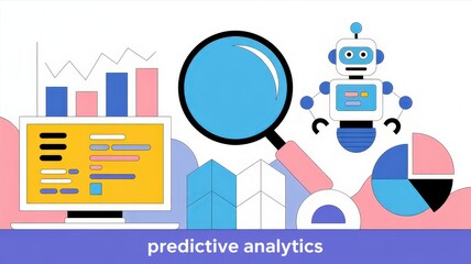 AI robot analyzing data charts and graphs with magnifying glass for insights