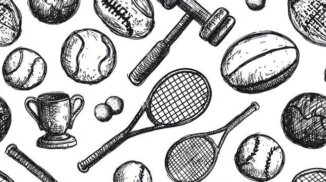 A creative arrangement of doodle style sports icons showcases tennis rackets, exercise dumbbells, and various balls along with a trophy. Perfect for sports enthusiasts and artists alike