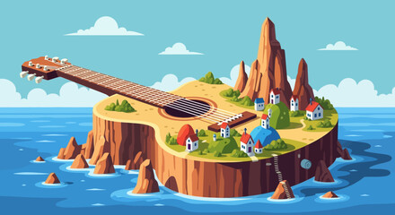 Guitar Island - A Whimsical Musical Landscape with Tiny Houses and Towering Cliffs.