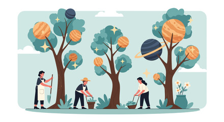 Harvesting Celestial Fruit - People Gathering Planets from Trees.