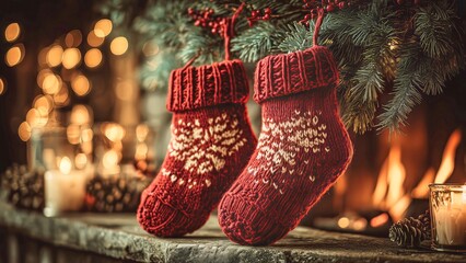 Christmas stockings hanging above a fireplace, creating a cozy atmosphere with warm bokeh lights and festive winter decorations