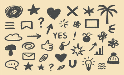 Icon Set. Doodle. Hand Drawn. A black vector collection of various universal icons with a grunge texture for a website, a social media post, a planner sticker, or a creative project.