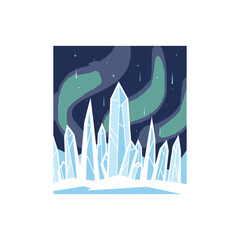 Ice Crystals Under Aurora Borealis, a frozen landscape with shimmering lights.