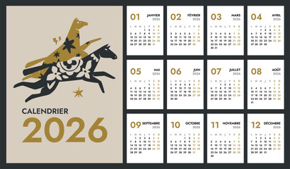 2026 full monthly vertical A4 calendar template with Horse on cover. French months names