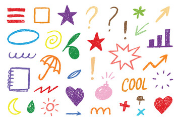 Doodle. Crayon. Hand Drawn. A colorful vector set of various fun and creative crayon or chalk doodles for a children's book, a school project, a social media post, or a background.