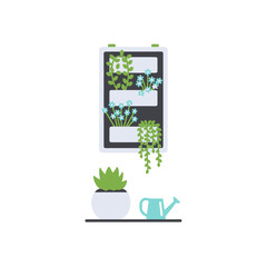 Indoor Vertical Garden with Potted Plant and Watering Can Illustration.