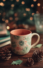 Fototapeta premium Watercolor painting of a festive mug surrounded by pine cones, holly leaves, and Christmas lights — cozy holiday still life illustration perfect for winter greeting cards and seasonal designs