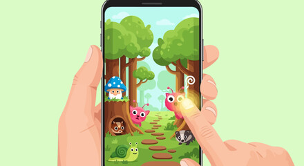 Interactive Mobile Game Featuring Cartoon Animals in a Forest Setting.