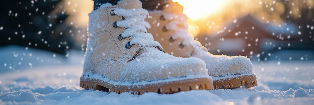 Snow-covered boots in a winter landscape at sunset Generative AI