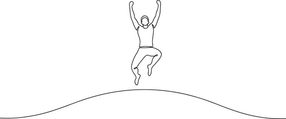 Minimalist jump illustration, line art person, freedom pose, abstract movement, hill silhouette, joyful leap, modern drawing, emotional energy