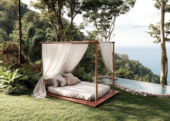 The wind blows the curtain, and there's a lounge with a sofa bed, and a pool for a summer holiday