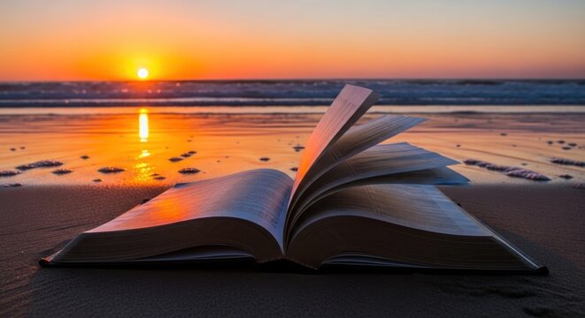 An open book on a beach at sunset, with pages turned to reveal a page of text. - Powered by Adobe