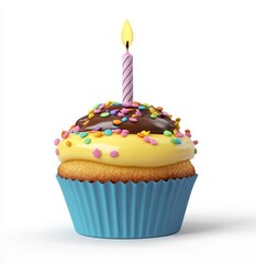 The dessert in question is a blue birthday chocolate cupcake, sweet and with cream