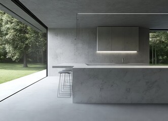 Modern kitchen with minimal decor and a view of the garden in a white color scheme