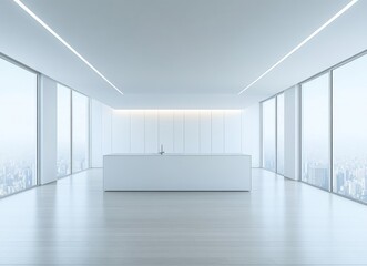 The kitchen is a minimalist space with a white contemporary design and a garden outlook