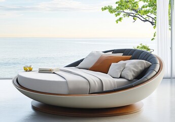 A contemporary bedroom with a round bed and a view of the sea creates a relaxing atmosphere