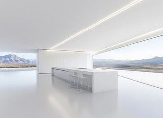 Contemporary white kitchen featuring a minimalist aesthetic and a garden view