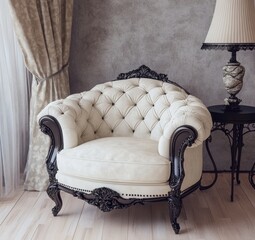 A contemporary armchair with elegant luxury design, accompanied by a stool and lamp