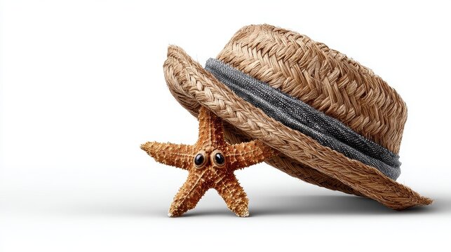 A starfish props up a straw hat, with a grey ribbon accent, against a white backdrop