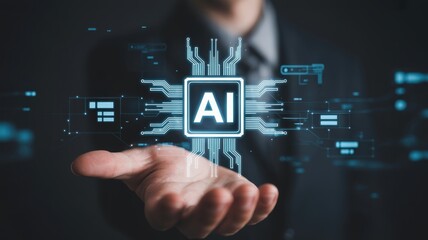 Futuristic AI chip glowing in an open hand, representing artificial intelligence and innovation