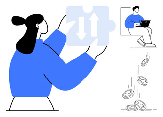 Woman holding puzzle piece with arrows, man working on laptop, coins falling. Ideal for teamwork, strategy, remote work, digital economy, innovation growth solution concepts. Simple flat metaphor