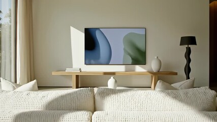 Minimalist living room scene featuring sleek white couch and table, perfectly embodying modern design principles of simplicity and functionality, capturing the essence of effortless elegance in.