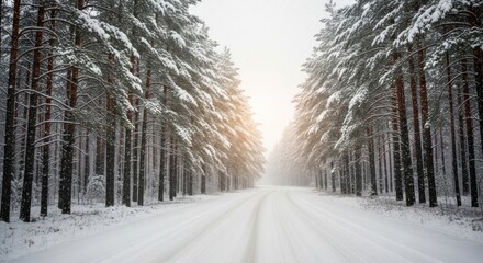 A snowy road through a dense forest with tall pine trees on both sides.