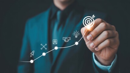 Businessman drawing upward trend graph with target and icons symbolizing growth and success