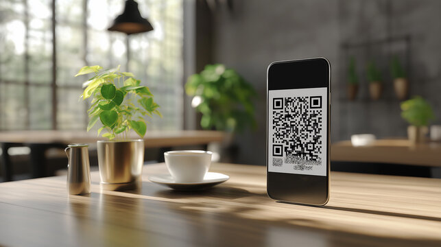 Smartphone scanning QR code for payment at modern cafe