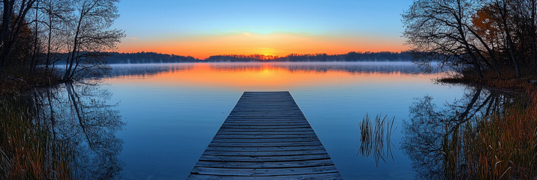 Serene sunrise at a tranquil Wisconsin lake dock Generative AI