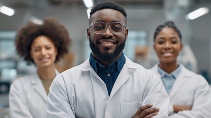 Three scientists pose with confidence in a bright and modern laboratory. They wear lab coats and smile, showcasing teamwork and dedication to research
